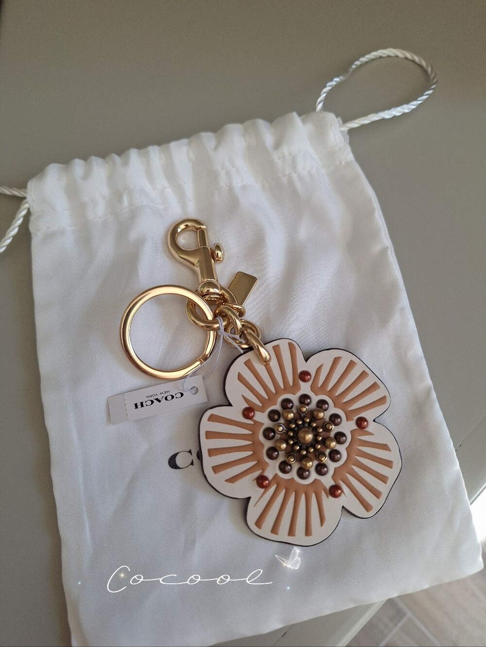 NWT COACH Tea Rose Leather Key Fob Bag Charm Keychain Chalk